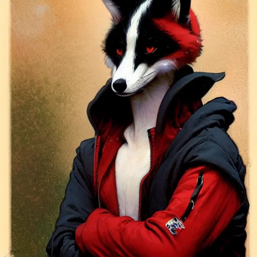 Image similar to anthropomorphic red white and black fox with exquisite tall ears and wearing a nose ring and a hoodie. Renowned character illustration by greg rutkowski, thomas kindkade, alphonse mucha, loish, norman rockwell.