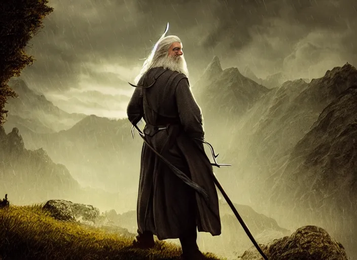 Image similar to gandalf standing up, beautiful landscape, dramatic lighting, cinematic, establishing shot, night time, heavy rain, extremly high detail, photorealistic, cinematic lighting, post processed, concept art, artstation, matte painting, style by greg rutkowsky