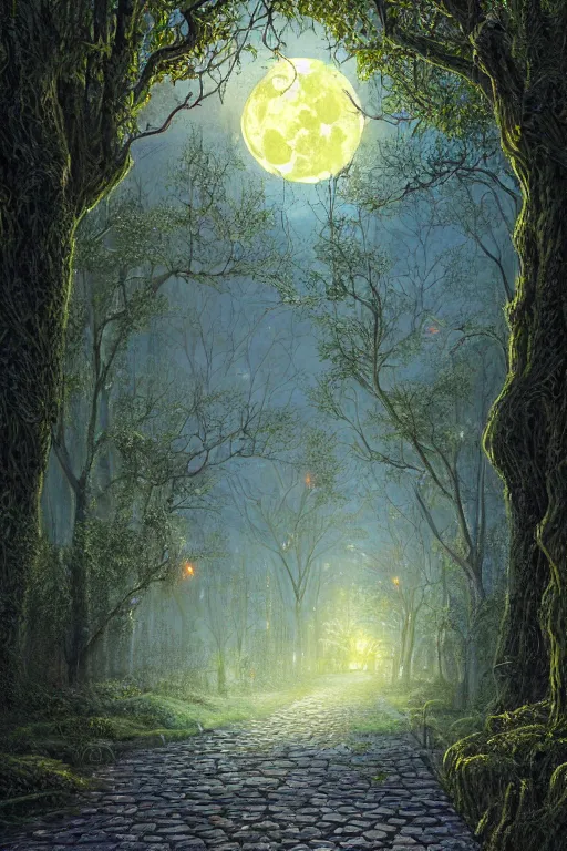 Image similar to a beautiful digital illustration painting of a detailed gothic fantasy fireflies forest trees and iron gate cobblestone pathway vines full moon by james gurney, 8 k resolution trending on artstation concept art digital illustration