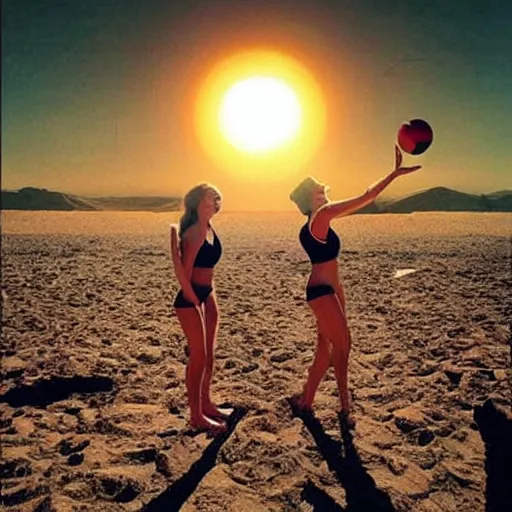 Image similar to can we get aliens playing volleyball in bikinis on one of jupiter's moons