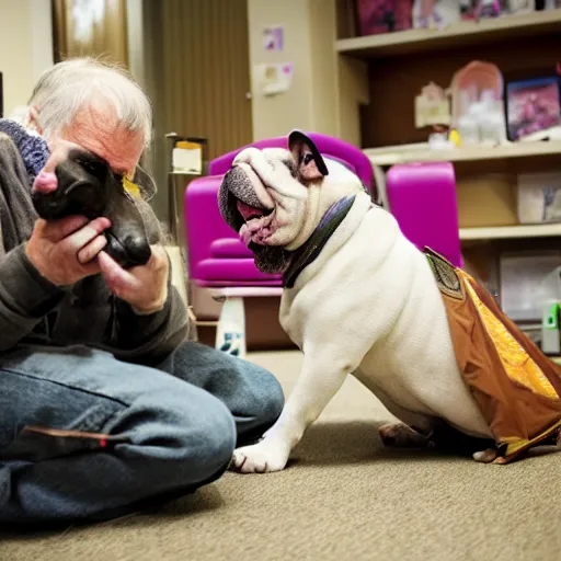 Image similar to Buddy the graying middle aged homeless man playing xbox and petting an english bulldog wearing a crown, dog wearing a plastic crown, photo by Wes Anderson