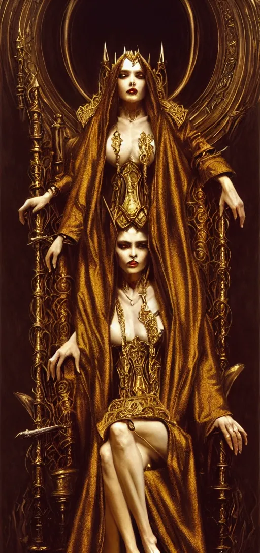 Image similar to full body portrait of beautiful vampire queen in gold gothic robes sitting on a throne of bones, elegant, highly detailed painting by gaston bussiere, craig mullins, j. c. leyendecker, 8 k, mid shot