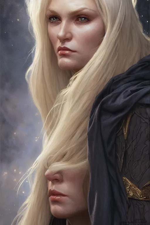 Prompt: portrait of an old blonde elven mage, dark, piercing eyes, gentle expression, elegant clothing, photorealistic, highly detailed, artstation, smooth, sharp focus, art by michael whelan, artgerm, greg rutkowski and alphonse mucha