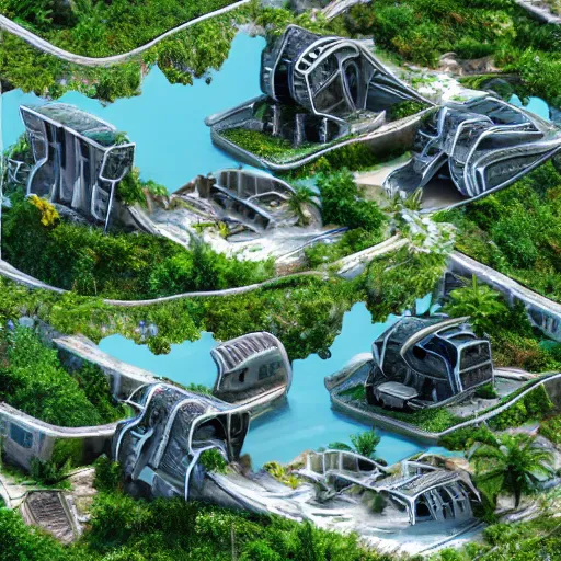 Prompt: futuristic houses in crazy locations, ultra realistic, intricate details, highly detailed, photorealistic, 8 k, vegetation, water
