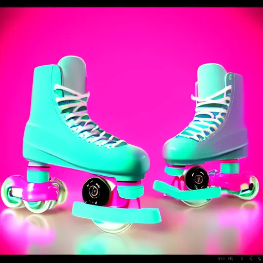 Image similar to a pair of white retro! roller skates with cyan wheels on a pedestal!! in an empty white room, octane render, 3 d, pink lightning, neon!! light