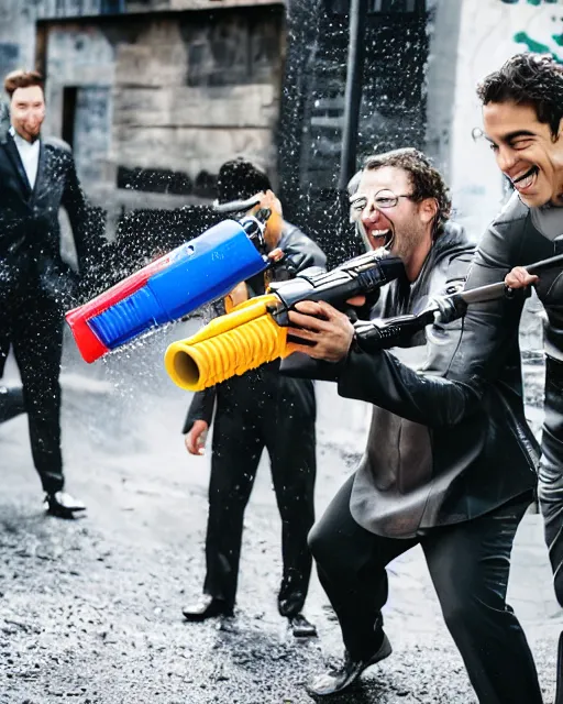 Image similar to happy batman firing super soaker water gun at playful criminals in an alleyway, everyone having fun, product advertisement, photography