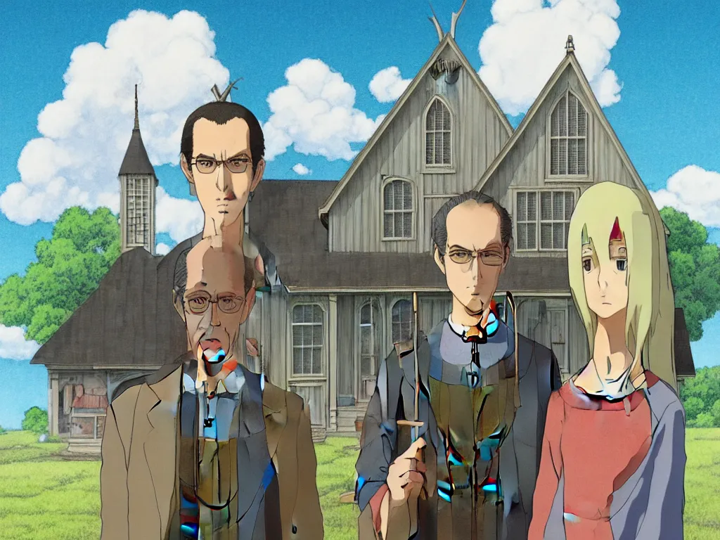 Image similar to american gothic in detailed studio ghibli anime style