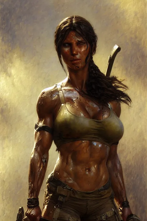 Image similar to muscular sweat lara croft, covers with mud exhausted face close up, highly detailed painting by gaston bussiere, craig mullins, j. c. leyendecker 8 k