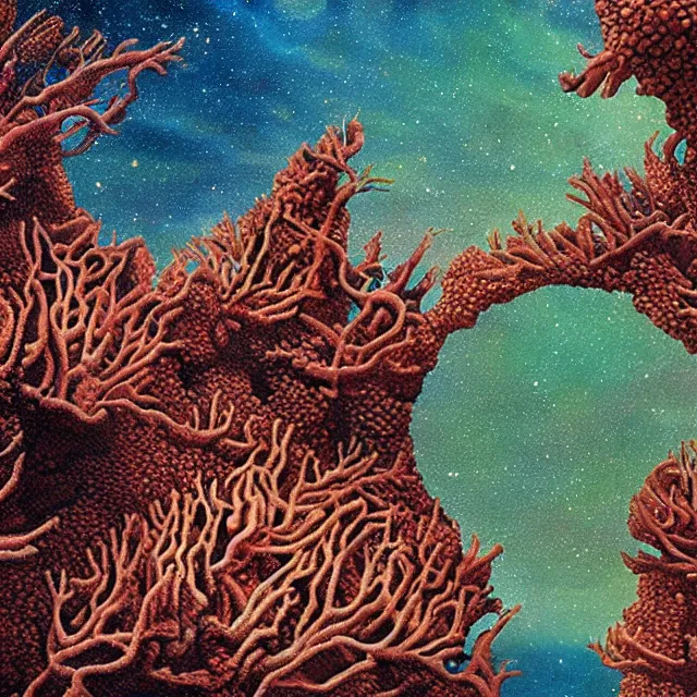 Prompt: album art of an alien landscape made out of different corals and stardust, omni magazine, detailed