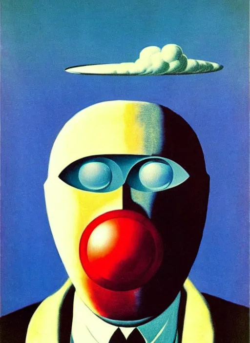 Prompt: ( ( ( ( ( retro futuristic super spy in mask with ray gun. ) ) ) ) ) by rene magritte!!!!!!!!!!!!!!!!!!!!!!!!!!!!!!