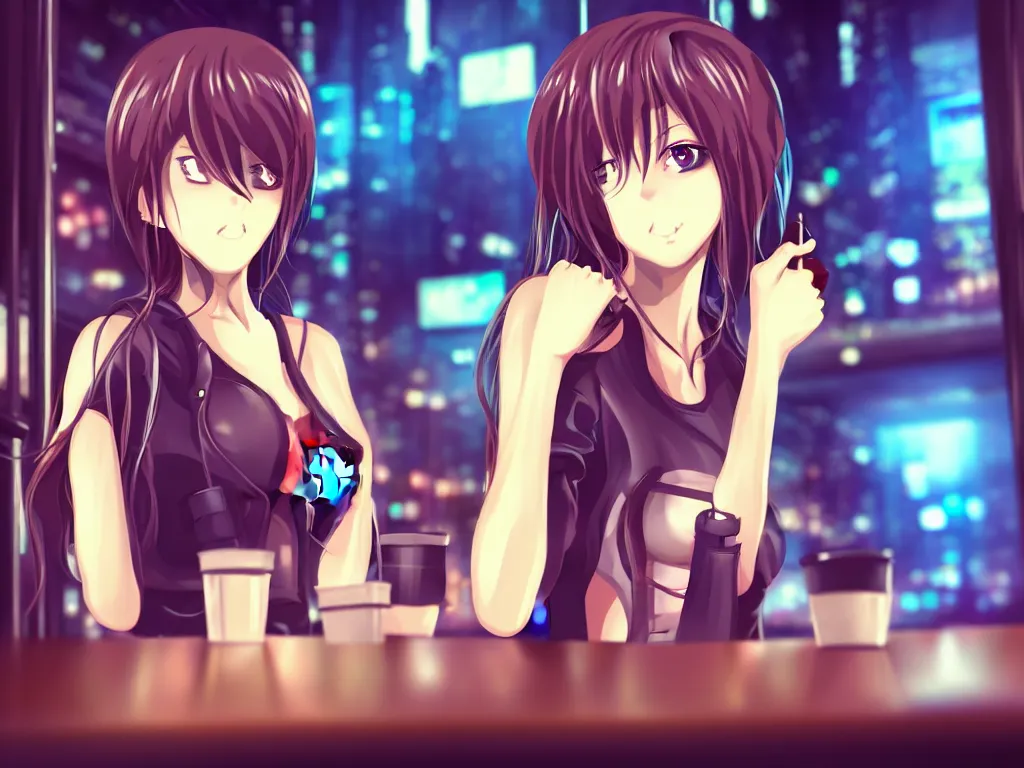Image similar to cute anime girl alone in a cyberpunk city bar, very detailed, perfect face, long hair