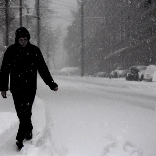 Prompt: photograph of a man sleepwalking during a blizzard, 8 0 mm film