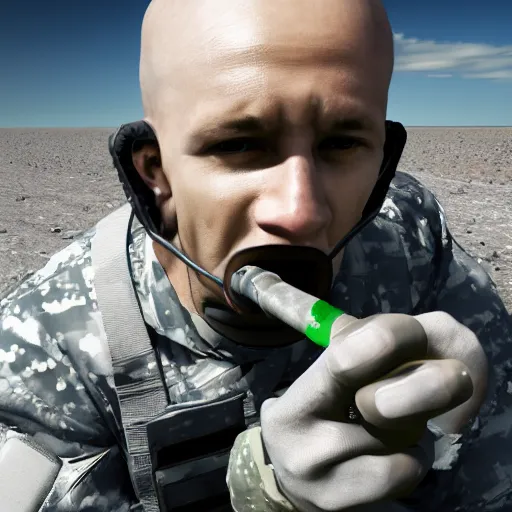 Prompt: a soldier eating an uranium fuel rod, photorealistic, 4k,