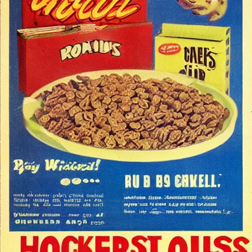 Image similar to an advertisement for a cereal meant to be eaten by snakes circa 1 9 5 0 s, art,