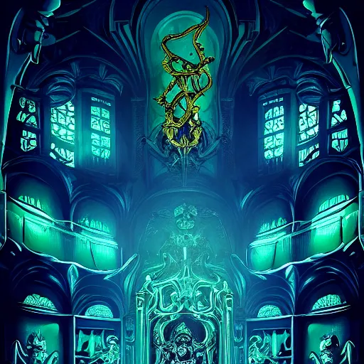 Image similar to Rafael Albuquerque comic art and artgerm, The interior of an underwater city, insanely ornamented with baroque evil golden decorations, black ornaments, ominous devilish altar made of bones, blue neon light coming from the windows, mysterious atmosphere, octane