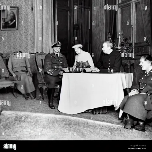 Image similar to ultra wide 1 9 4 6 historical photo 1 3 5 mm of a single german general signing a peace treaty, a young queen elizabeth holds a corgi and watches the general sign the treaty, french village interior, highly detailed, sharp focus