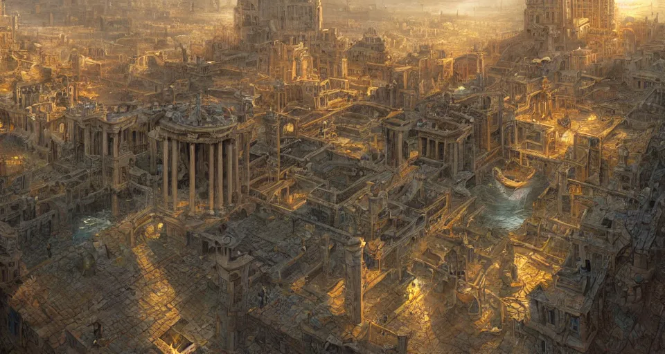 Prompt: drone shot ancient city of atlantis with big buildings in gold, fantasy, magical, cinematic, establishing shot, atmospheric lighting, extremely detailed, intricate, sharp focus, coherent, art style of marc simonetti, bowater charlie and brom gerald