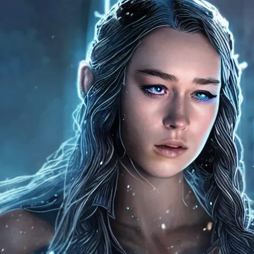 Image similar to alycia debnam carey as a cryomancer with ice aura, concept art, enchantress poses, snow flurry, Ray tracing reflection