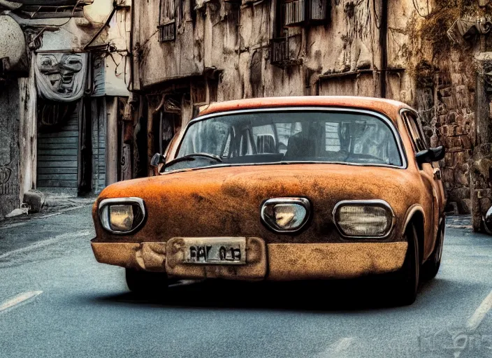 Prompt: an ugly old car driving in a narrow road, award winning photo, 4 k, photolab, polaroid photo