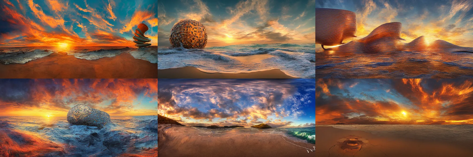 Prompt: sperical hdri map, epic fantasy, ocean, mattepainting, octane, warm sundown, fall vibrancy, swirley clouds, by greg rutkoswki, by gehry, by annie leibovitz