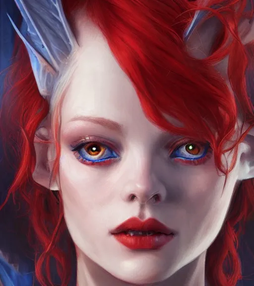 Prompt: A detailed matte oil on canvas head on symmetrical fanart portrait of a distinguished elven woman with red and blue hair by Charlie bowater and lise deharme wlop, trending on artstationhd, dungeons and dragons art critical role