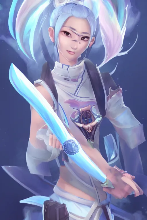 Prompt: a south korean female from paladins, white ponytail hair, she is holding a kunai, cloud tattoos on her arms, wearing light blue short jacket, highly detailed digital art, character design, masterpiece