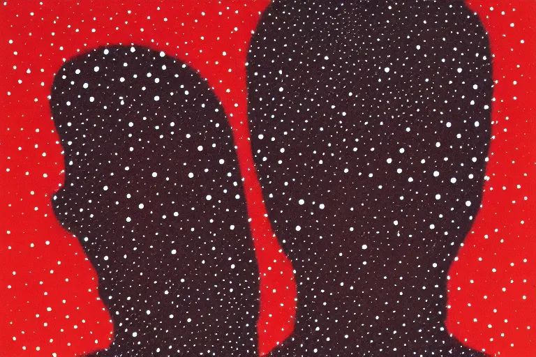 Image similar to face made out of mist, faceless people dark, dots, drip, stipple, pointillism, technical, abstract, minimal, style of francis bacon, asymmetry, pulled apart, cloak, hooded figure, made of dots, abstract, balaclava, red dots