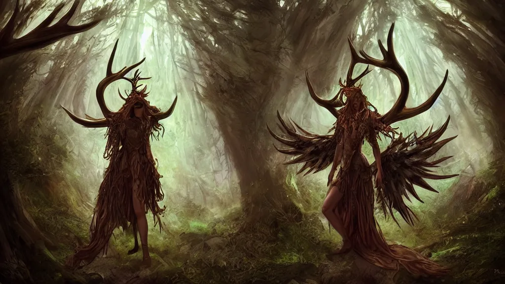 Prompt: A druid, with antlers and large wings, casting a powerful spell in the middle of an enormous, enchanted forest, dreamscape, dramatic lighting, fantasy art illustration, trending on artstation, Aetherpunk