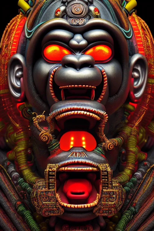 Image similar to high quality 3 d render post - rococo cyberpunk hanuman! head building, neon madhubani, open mouth, highly detailed, in sci - fi mumbai, cinematic smooth unreal engine, lee madgwick & liam wong, dramatic light, low angle, uhd 8 k, sharp focus