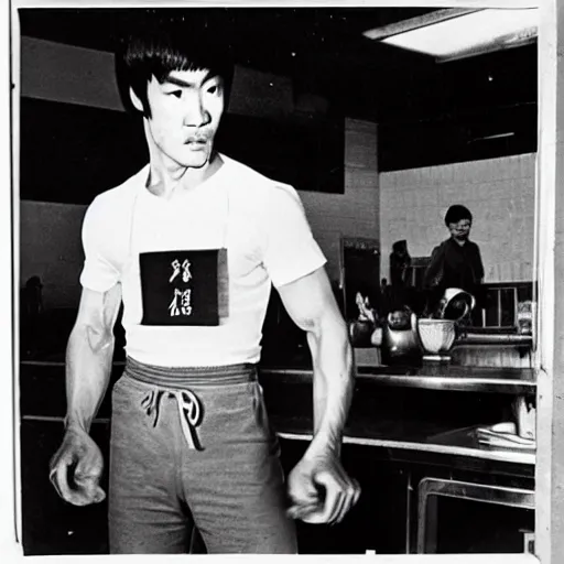 Image similar to 8 k vintage portrait photograph of bruce lee standing inside of a detailed and busy wafflehouse helping out
