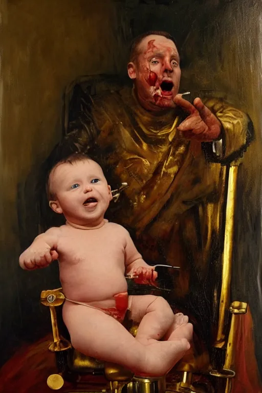 Prompt: hyper realistic oil painting of a handsome man sitting in a gilded chair with tubes coming out of his arm, getting a blood transfusion from a baby in the background. dark. masterpiece