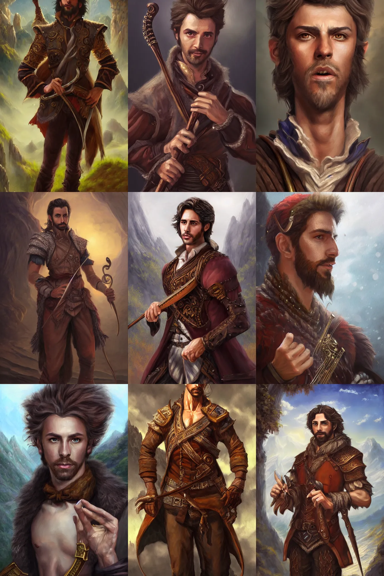 Image similar to a full body high detail fantasy portrait oil painting illustration of a single handsome male bard by justin sweet with face and body clearly visible, in a scenic background, intense eyes, realistic proportions, d & d, rpg, forgotten realms, artstation trending, high quality, sombre mood, artstation trending, muted colours, entire person visible!