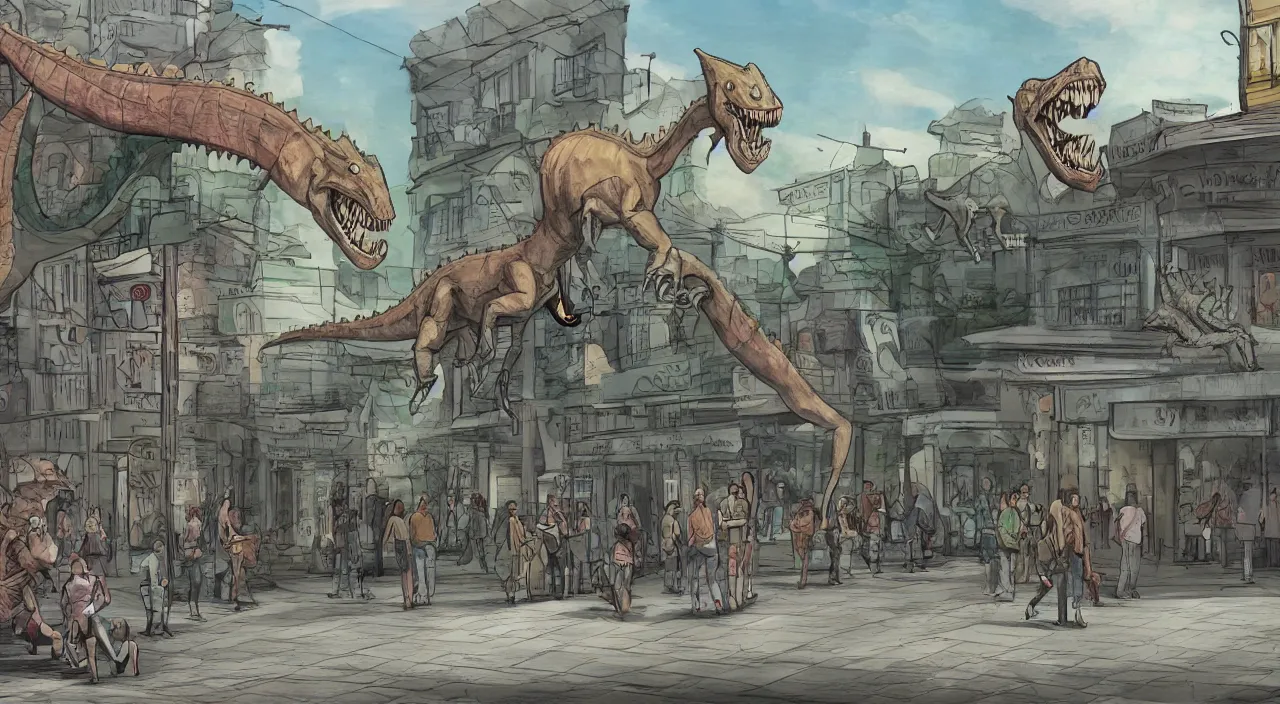 Image similar to weredinosaur changes form on busy sidewalk , concept art, cinematic