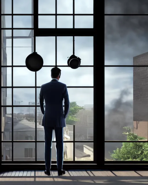 Prompt: a man stands by his kitchen window in a suit looking across the street at a fast food restaurant there is burnt food on the stove, hyper realism, cinematic, volumetric lighting, octane render, unreal engine, 8 k, digital art, deviantart artstation, ray tracing, intricate complexity, extremely detailed,