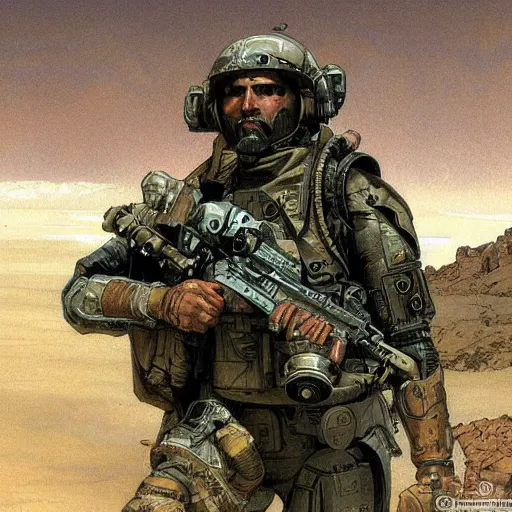 Image similar to Hector. USN special forces recon operator in near future gear, cybernetic enhancement, on patrol in the Australian neutral zone, Barren landscape. 2087. Concept art by James Gurney and Alphonso Mucha