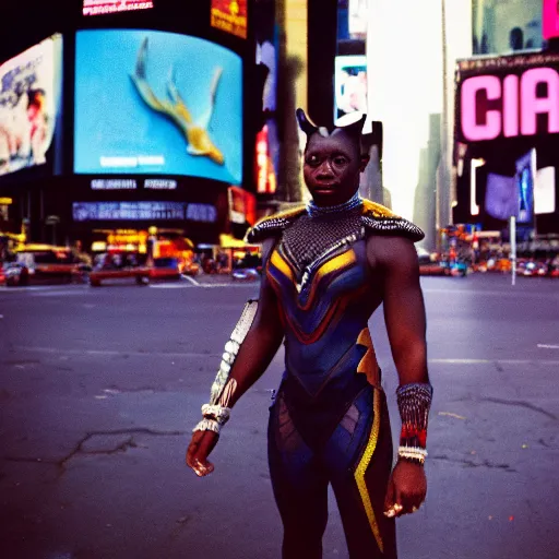 Prompt: photo of wakanda warrior in times square cinestill, 800t, 35mm, full-HD