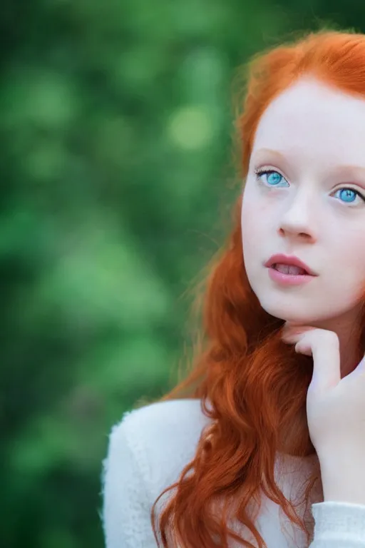 Image similar to a portrait of a redhead beautiful girl, green eyes, highly detailed, 3 5 mm f 1. 4 background silver fir