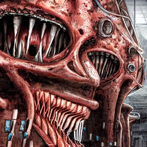 Prompt: a close up of an elongated machine made of teeth and raw meat rust, in a factory, concept art by giger, cgsociety, assemblage, trypophobia, greeble, grotesque, biomechanical open mouth tooth pulling tooth pulling extraction, industrial saliva ooze