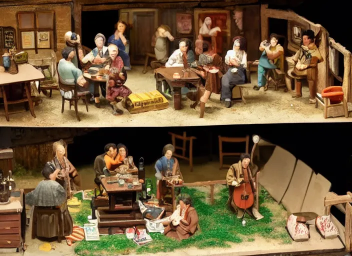 Image similar to group of travelers drinking beer & singing in a tavern as tiny miniatures diorama, directed by Nobuhiko Obayashi