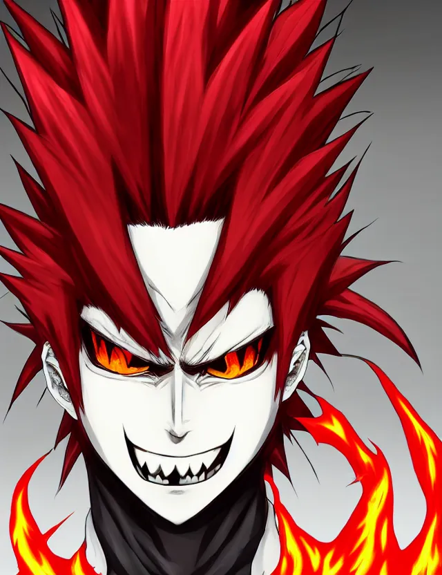 Prompt: a detailed manga portrait of a menacing tall boy with spiked crimson hair and an evil grin in fiery crimson crystalline armour, trending on artstation, digital art, 4 k resolution, detailed, high quality, sharp focus, hq artwork, coherent, insane detail, character portrait