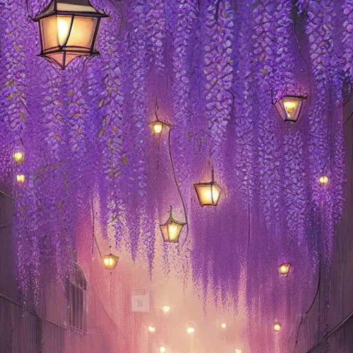 Image similar to japanese wisteria alley lanterns glow at night, vivid color, highly detailed, digital painting, artstation, concept art, matte, sharp focus, impressionnisme, art by james jean