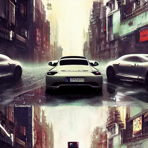 Image similar to porsche in city, chaos, digital art,ultra realistic,ultra detailed,art by greg rutkowski