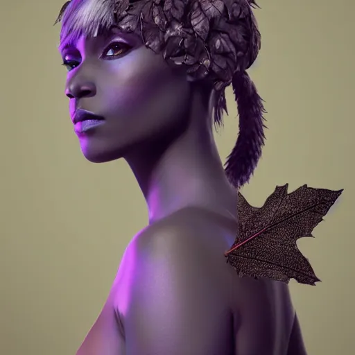 Image similar to charcter design, beautiful : : 3 stunning drow woman : : 2 face, black opal leafs covering her body, full body, symetrical, 4 k, photorealistic, octane render