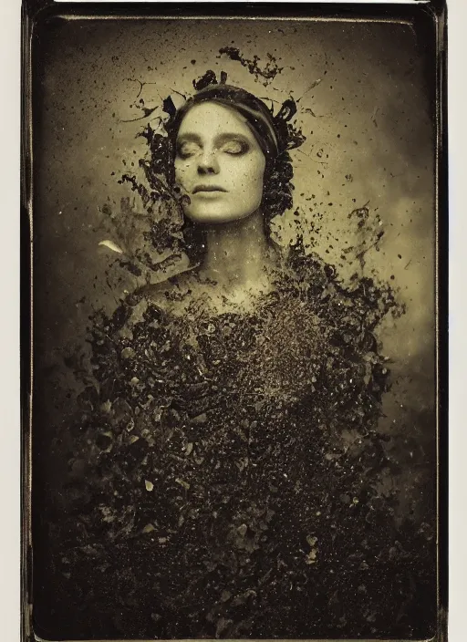 Image similar to old wetplate daguerreotype, portrait of faithless, god is a dj, explosion of data fragments, fractal, intricate, elegant, highly detailed, parallax, leica, medium format, subsurface scattering, by jheronimus bosch and greg rutkowski and louis jacques mande daguerre