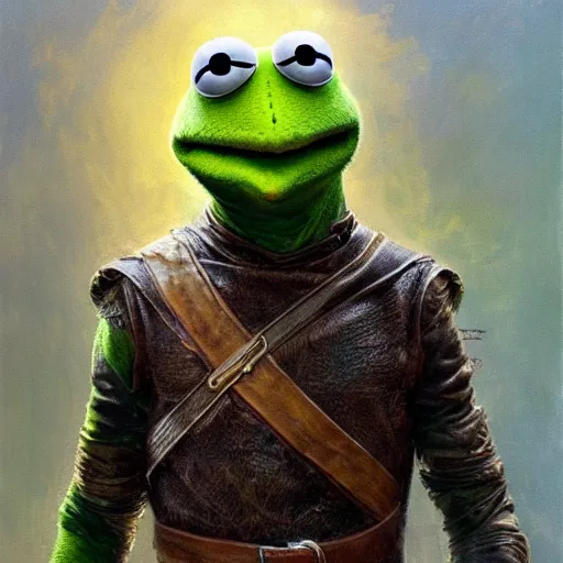 Image similar to kermit the frog as Aragorn by Alan Lee, leather armor, golden hour, concept art, detailed clothing, art station, oil painting, art by artgerm and greg rutkowski and alphonse mucha