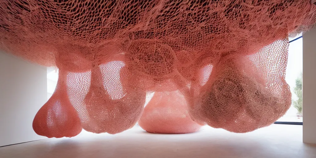 Prompt: soft biomorphic tactile structures out of stocking - like material and nets that fills with various objects like spices, sand and rocks by ernesto neto, light - mint with light - pink color