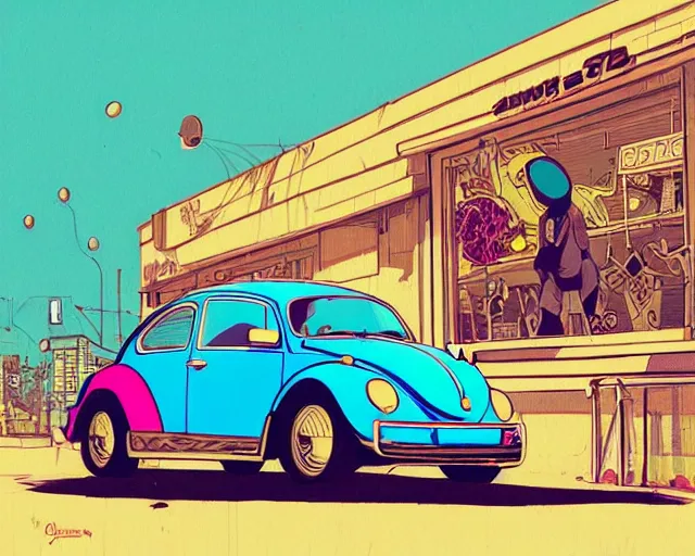 Image similar to a study of cell shaded cartoon of a Volkswagen Beetle infront of a store front, road, illustration, vivid colors, post grunge, concept art by josan gonzales and wlop, by james jean, Victo ngai, David Rubín, Mike Mignola, Laurie Greasley, highly detailed, sharp focus, alien, Trending on Artstation, HQ, deviantart, art by artgem