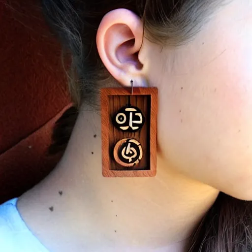 Image similar to 2 d wood lasercut earrings, mystical symbols, 8 k, hd, trending on amazon on artstation, trending on deviantart, trending on etsy, epic digital art