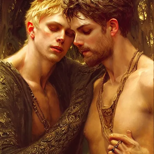 Image similar to stunning arthur pendragon in love with stunning male merlin the mage. they are close to each other, touching, looking. highly detailed painting by gaston bussiere, craig mullins, j. c. leyendecker