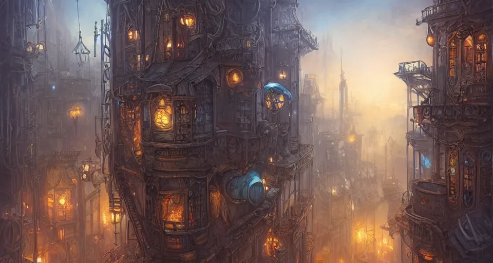 Prompt: landscape painting of fantasy metal steampunk city that has a light blue glow with walkways and lit windows with focus on hooded thieves in leathers climbing the buildings using a rope, fine details, magali villeneuve, artgerm, rutkowski